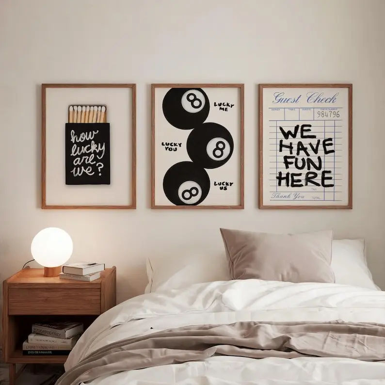 Lucky Fun Wall Art Set of 3 – Modern Gallery Wall Prints, Cheeky Matchbook, Guest Check, 8 Ball, Playful Black & White Decor, Digital Print
