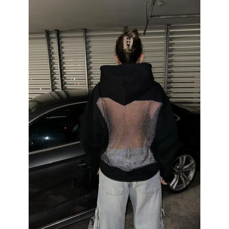 Y2K American Gothic Sexy Hollow Mesh Hoodie for Women - 2026 Translucent Long Sleeve Casual Pullover Sweatshirt
