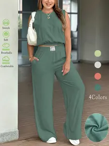 Two-Piece Set Women's Solid Color Tank Top & Wide Leg Pants, Casual Fashion Cozy Outfits for Daily Outdoor Wear, Women Clothes for Fall, Suits