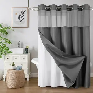 No Hook Waffle Shower with Snap in, Waterproof Shower Curtains with Mesh Top Window, Hotel Luxury and Liner Set, 72'' x 75'', Charcoal Grey