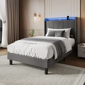 【GARVEE】Twin Size LED Bed Frame with Charging Station, Upholstered Platform Bed with Headboard & Under Bed Storage, No Box Spring Needed, Noise Free
