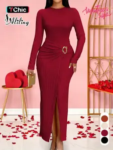 Aliling Women For Dresses Round Neck Long Sleeve Slim Fit Split Long Dresses Solid High Waist Bodycon Slim Female Elegant Party Clothing Casual