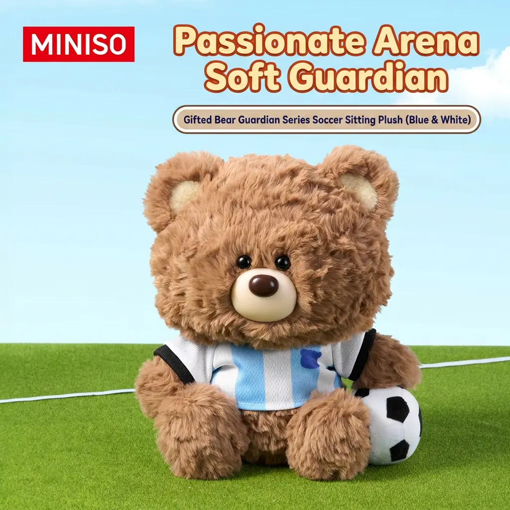 MINISO Gift Bear Guardian Series - Soccer Sitting Plush – Cute Collectible Teddy Bear, Perfect Gift for Soccer Fans, Adorable Soft Toy in a Sporty Sitting Pose for Couch, Desk & Bed!