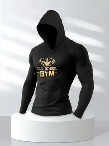 Men's Hooded Drawstring Knit T-Shirt, Gym Tee, Comfortable Casual Long Sleeve, Fashion Sporty Print Design, All Seasons Wear