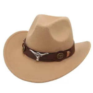 Children's Soft Roll Brim Felt Western Cowboy Cap - Western-Themed Hats with Cow Band, Ox Head Accessories, Tibetan Ethnic Style Top Hat
