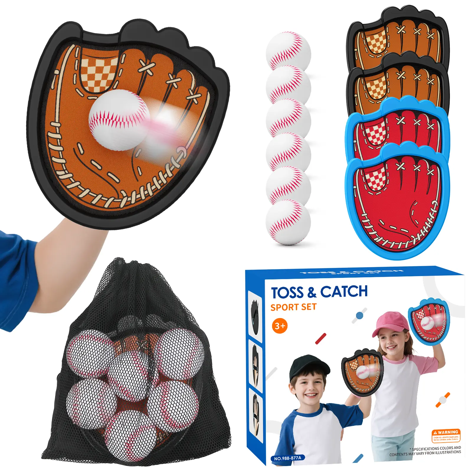 Velcro Ball and Catch Set with 2 Paddles & 3 Balls, Kids Outdoor Play Sports Equipment, Baseball-Football Style Gloves, Beach Backyard Camping Toys for Family Summervibes Sports campingessentials
