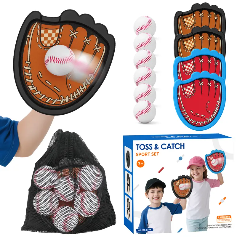 Baseball-Style Sticky Ball Velcro Catch Set - 2 Paddles, 3 Balls, Unisex Adjustable Straps, Water-Resistant, Fits All Hand Sizes, Kids Toys for Children Aged 3 to 12 Outdoor Play, Enhances Hand-Eye Coordination, Play & Birthday Gifts