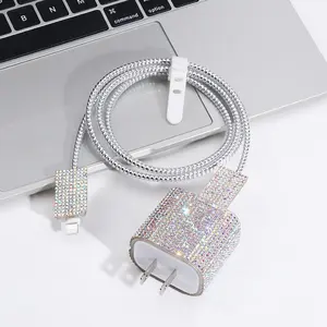 Rhinestone Decor Charger Cover & Data Cable Protector Set, Charger Protective Case with Wire Tie, Phone Accessories Compatible for iPhone 20W Charger, Electronic