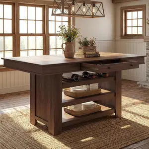 60" Counter Height Dining Table for 4,Wooden Dining Table with Drawers& Open Shelves for Kitchen, Bar
