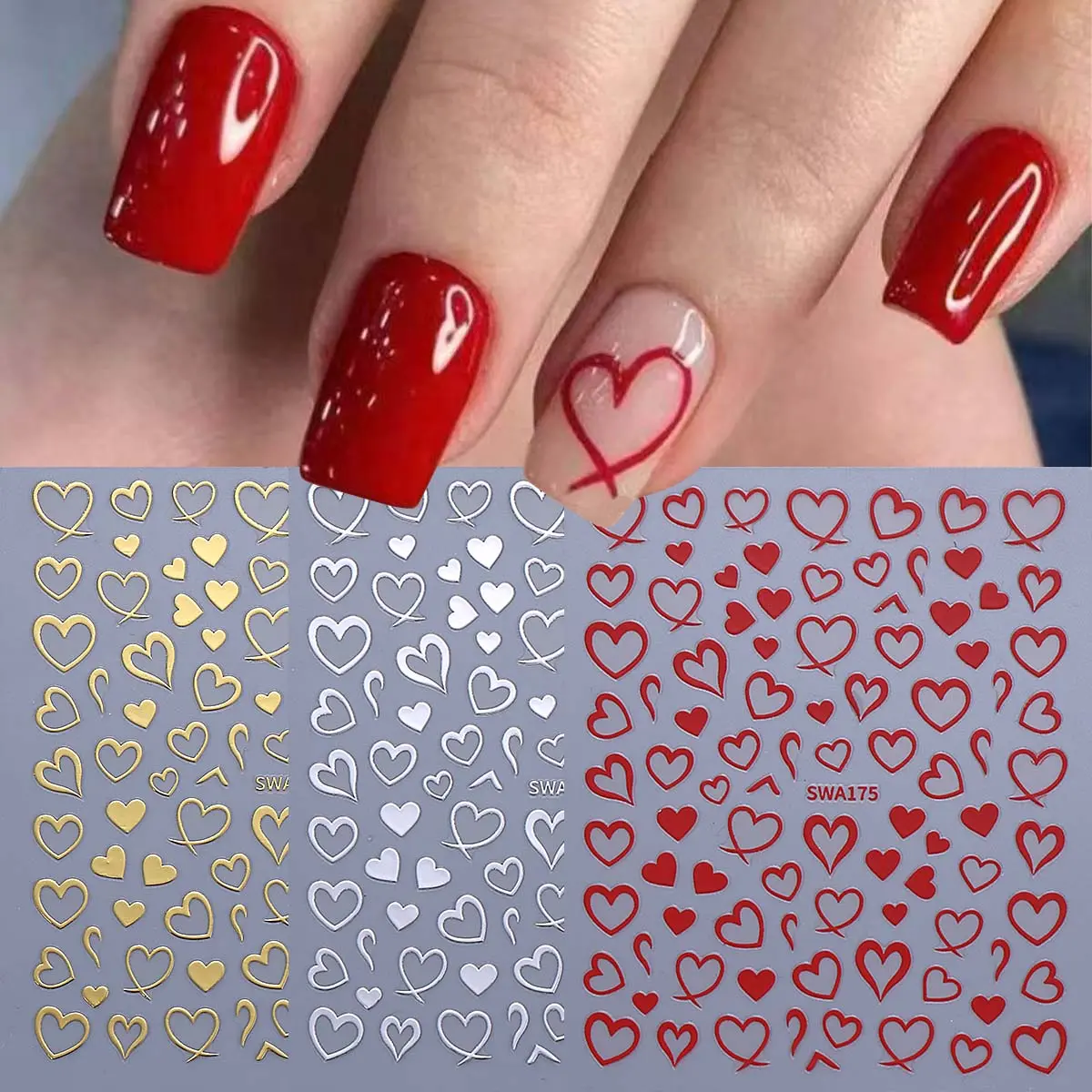 3pcs Heart Nail Art Stickers, Nail Art Sheet, Love Heart Romantic Valentine's Day Self-Adhesive Nail Decals, Elegant Design Women's Manicure Decoration, Nail Art Designs, Nail Art Supplies