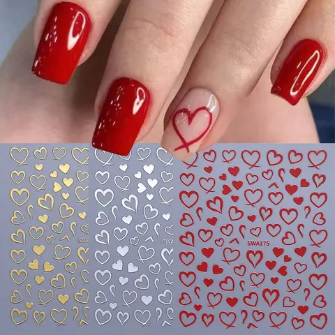3pcs Heart Nail Art Stickers, Nail Art Sheet, Love Heart Romantic Valentine's Day Self-Adhesive Nail Decals, Elegant Design Women's Manicure Decoration, Nail Art Designs, Nail Art Supplies
