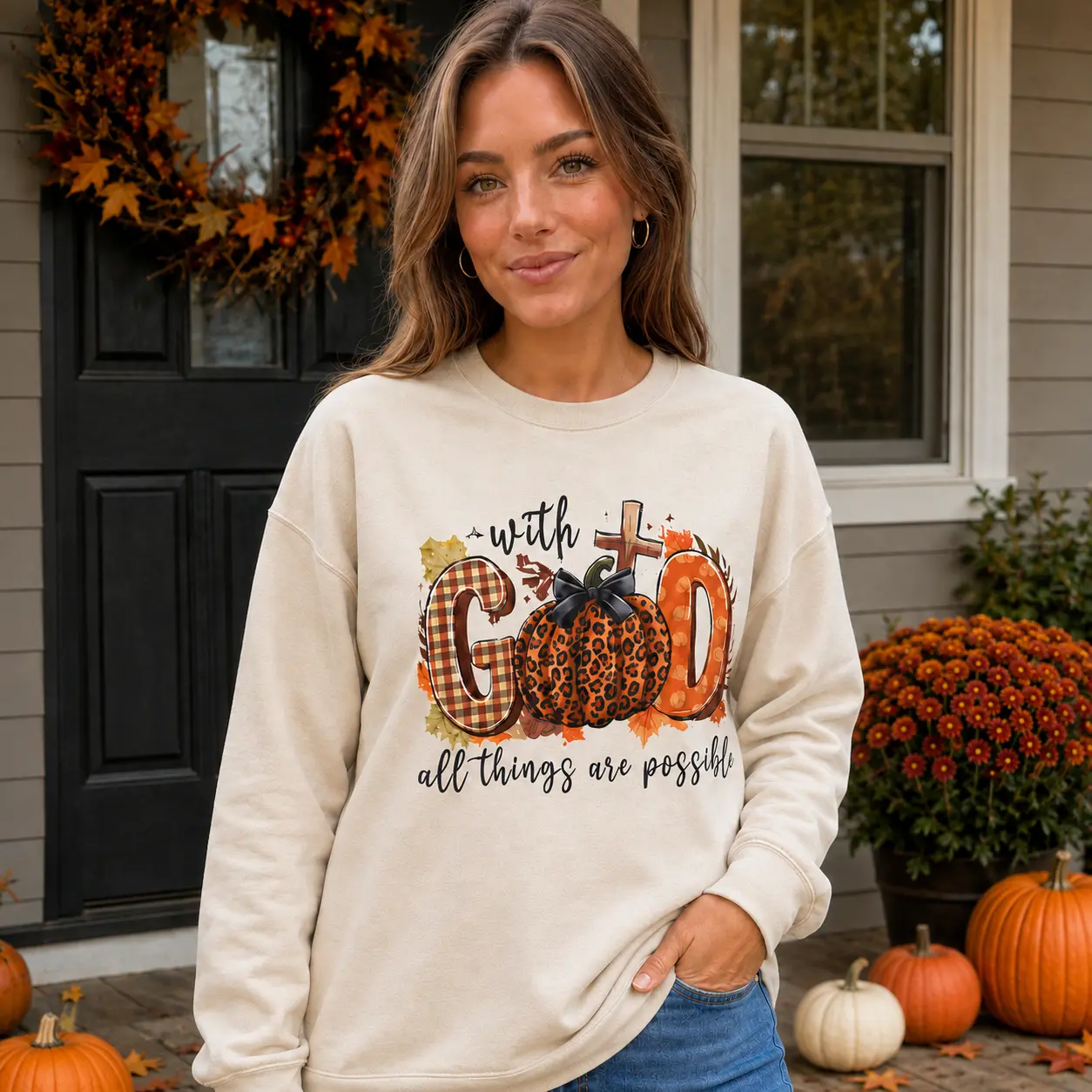 With God All Things Are Possible sweatshirt | Fall pumpkin cross plaid