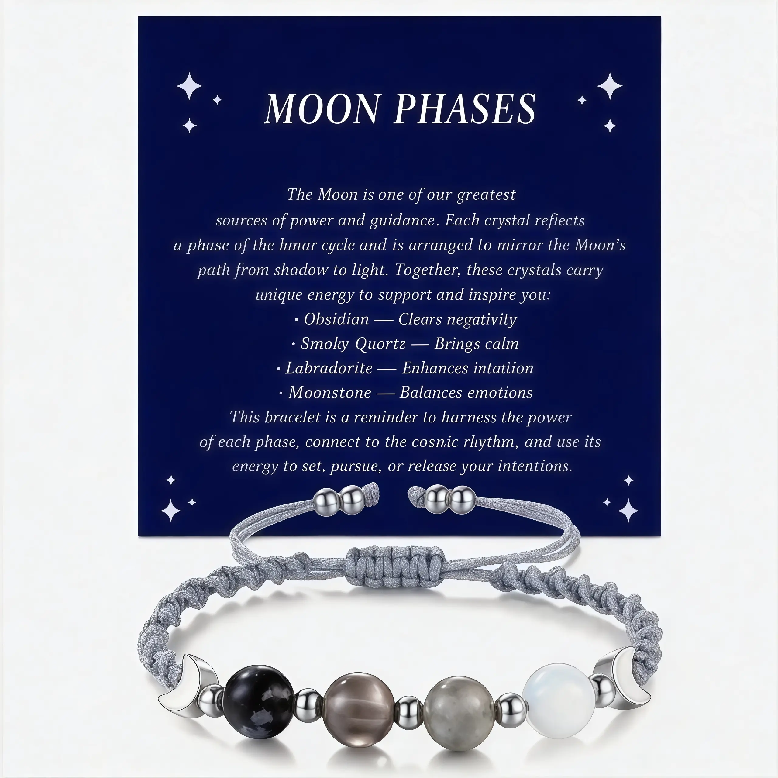 Women's Moon Natural Crystal Energy Bracelet - Witchcraft Aesthetic Celestial Moon Bracelets & Bangles, Moonstone, Obsidian, Smoky Quartz, Labradorite, Dark Gradient Beads, Soft Cord - Daily Grounding Jewelry for Negativity Clearing, Emotion Balancing
