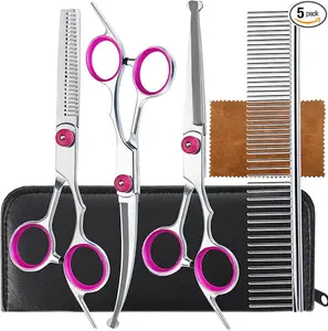 5 in 1 Premium Dog Grooming Scissors, Professional Dog Scissors for Grooming with Safety Round Tips, Lengnoyp Stainless Steel Thinning Shears, Pet Cat Shears for Grooming Kit
