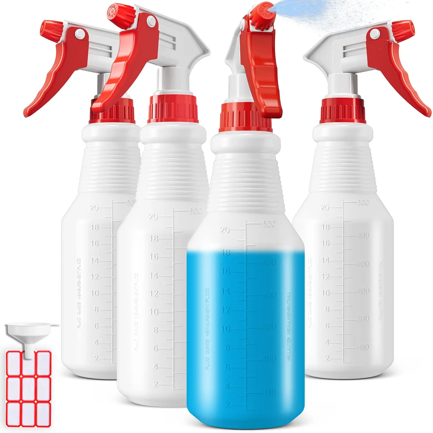 Spray Bottles (4 Pack, 24 Oz) Refillable Empty Plastic Water Spraying Bottle for Cleaning Solutions, Hair Spray, Car Detail, Watering Plants, Heavy Duty Mist Stream Sprayer with Measurement
