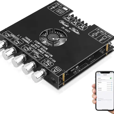 ZK-AS21 Bluetooth 5.1 Receiver Amplifier Board 2.1 Channel HiFi Subwoofer Power Module, 2x220W + 350W Stereo Class D Digital, BT/USB/AUX Input, 6x 5532 Preamps, Treble Bass Control for Home Speakers & Audiophiles with Overheat Protection