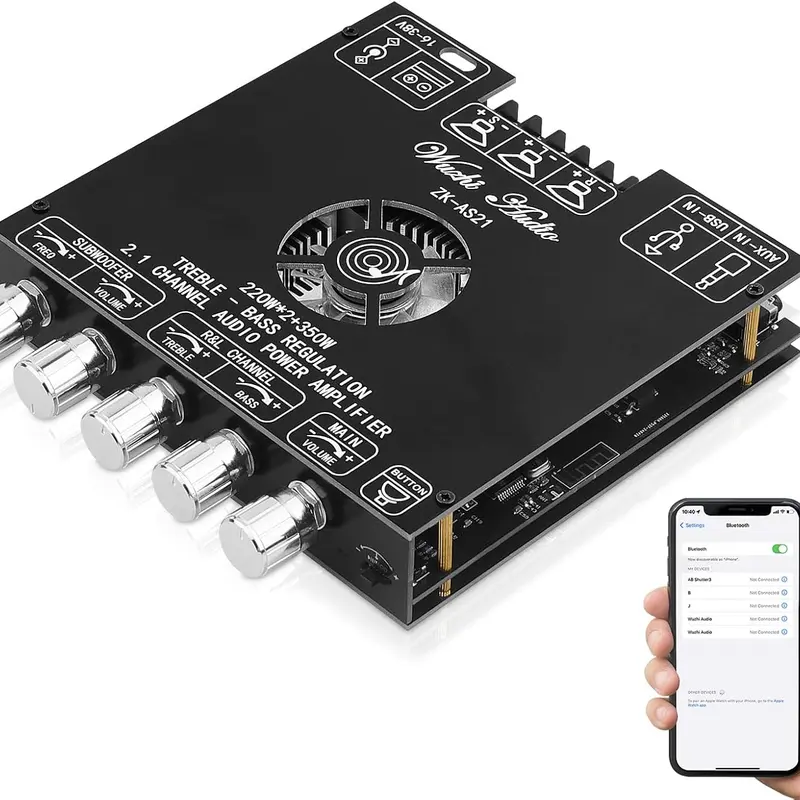 ZK-AS21 Bluetooth 5.1 Receiver Amplifier Board 2.1 Channel HiFi Subwoofer Power Module, 2x220W + 350W Stereo Class D Digital, BT/USB/AUX Input, 6x 5532 Preamps, Treble Bass Control for Home Speakers & Audiophiles with Overheat Protection