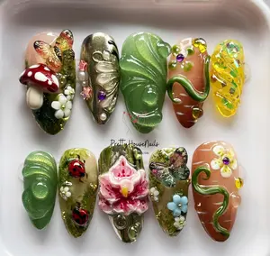 Fairy Garden Press On Nails with 3D Ochirds, Red Ladybug, Handmade Elegant Mushroom, Green Almond Nail Set Damontaerichmondnails