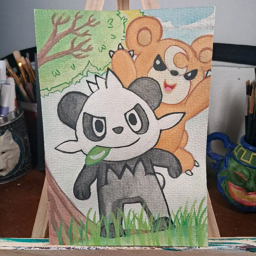 Handmade Pancham and Teddiursa BFF Watercolor Painting, Collectible Art Piece