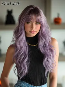 7JHH WIGS 24 Inch Ombre Purple Long Wavy Wigs For Women Fashion,Gorgeous Loose Wave Curly Wig With Bangs, Heat Resistant Fiber Synthetic Full Machine Wig For Girls Music Festival Party Streetwear, Anime Or Costume Use
