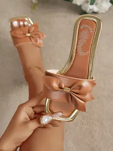 2026 Bow Flat Sandals, Metal Buckle Wide Strap, Square Toe, Comfortable Non-Slip, Sweet Style for Spring Summer