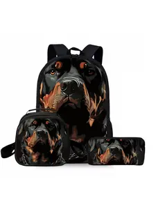 Lovely Rottweiler dog print backpack three-piece set, including lunch bag, pencil case, and backpack