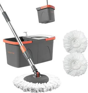 Foldable Spin Mop and Bucket System, Dual-Bucket Cleaning & Stainless Steel Wringing, Collapsible Storage with Detergent Bottle, 2 Reusable Microfiber Mop Heads for Floor Cleaning