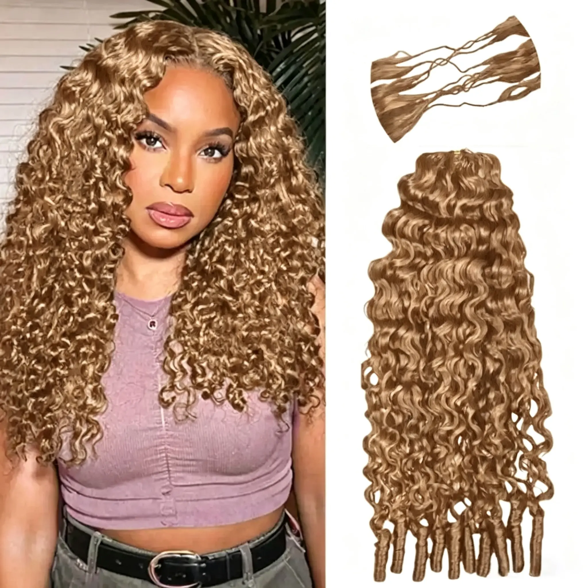 Bling Hair Miracle Knots Crochet Human Hair Burmese Curly Crochet Hair for Women Pre-Separated Feather Crochet Human Hair 22 Inch 50g 27# Brown Honey Blend Color Premium Invisible Crochet Hair No Tangle
