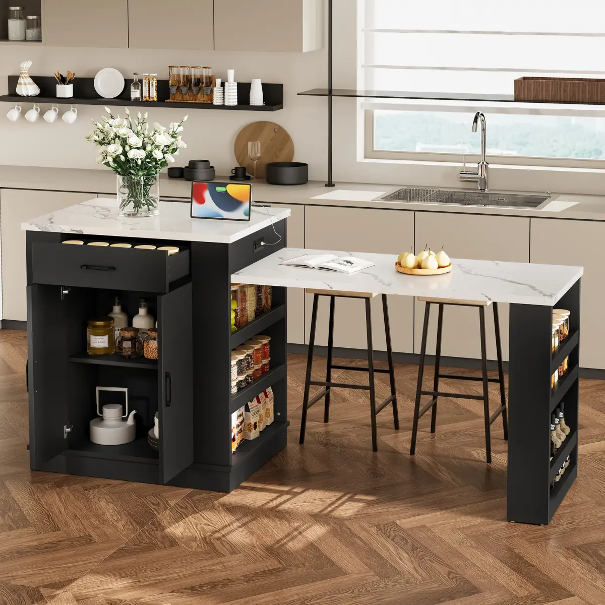 Bellemave Extendable Island Console - MDF+Particle Build, 80.7"l x 33.4"w x 35.3"h, 66 lbs Tabletop, Drawers, Double-Door Cabinet, Open Shelving, Multi-Use Storage Space for Multiple Users (Dining Table, Breakfast Bar) [Shipped in 2 Separate Parcels]