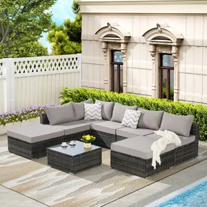 8 Pieces Patio Furniture Set Outdoor Conversation Set Sectional Sofa Couch,Wicker Furniture with Washable Cushions & Glass Coffee Table for Garden, Poolside, Backyard
