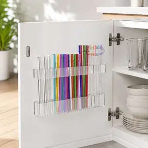 Elevate Kitchen Tidy! Adjustable Large Acrylic Straw Organizer – Ultra Sticky, Reusable 2025 Trend (Transparent, for Cabinet Doors)