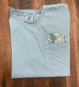 Comfort Colors Froggy Mushroom Embroidery Pocket Tee for Women - Casual and Cute