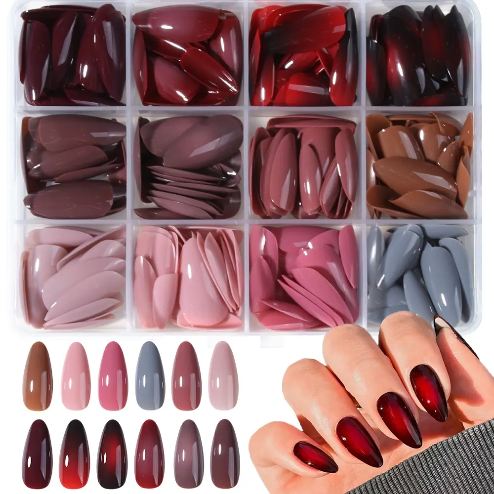 288 Piece Acrylic Press-On Fake Nails Set, Nails Press Ons, Long Almond Shape, Blue Colors, Easy Wear Nail Art for Women Girls