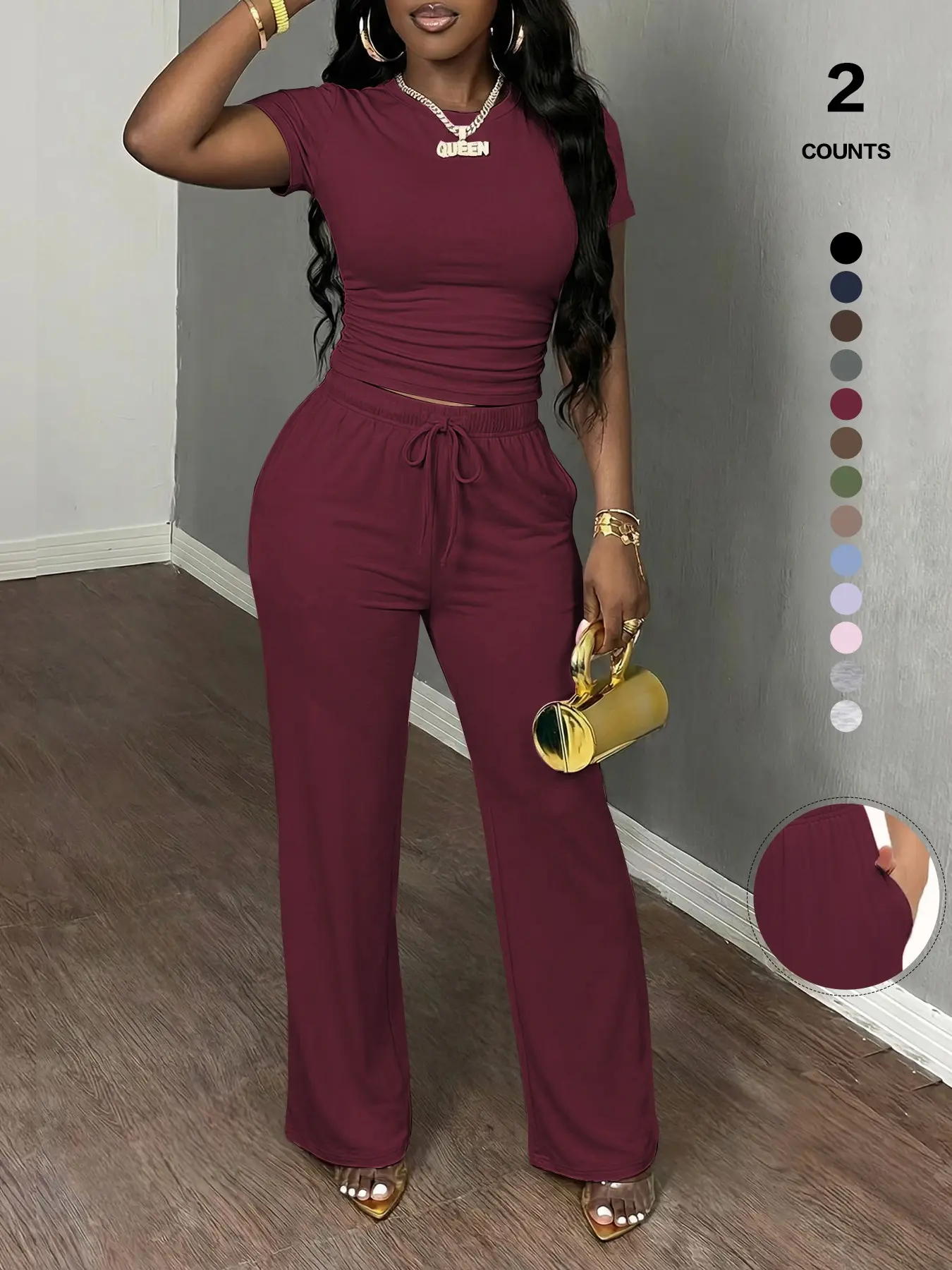 Women's Spring Summer Casual Set, Round Neck Short Sleeve Top & Wide Leg Pants, Slim Fit Home Wear, 2 Piece Comfortable, Casual Fashion Set Women's Spring Summer Casual Set, Round Neck Short Sleeve Top & Wide Leg Pants, Slim Fit Home Wear, 2 Piece Comfortable, Casual Fashion Set