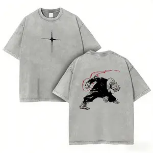 Jujutsu Kaisen Sukuna T-Shirt Vintage Washed Anime Graphic Tee with Black Star Mark & Ryomen Sukuna Battle Print for Anime Fans - Top, Menswear cotton