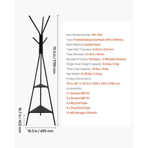 VEVOR Coat Rack, Freestanding Coats Rack Stand with 2 Shelves 6 Hooks, Free Standing Hall Coat Tree for Entryway, Bedroom, Living Room, Modern Clothes Hanger Stand for Coats, Hats, Scarves, Handbags
