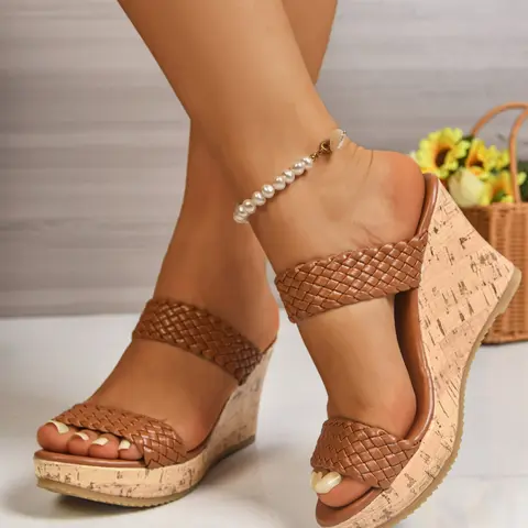 Women's Waterproof Platform Wedge Slide Sandals, Outdoor Slippers with Plain Pattern for Dating & Club Parties, Woven PU Upper with Rubber Sole, Leg-Lengthening Heightening Design, All Seasons Wear for Daily Outings & Vacations, Fashionable Wedge Sandals