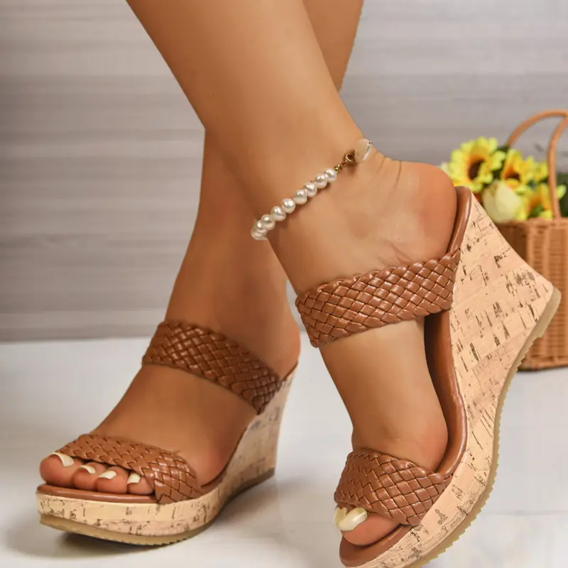 Women's Waterproof Platform Wedge Slide Sandals, Outdoor Slippers with Plain Pattern for Dating & Club Parties, Woven PU Upper with Rubber Sole, Leg-Lengthening Heightening Design, All Seasons Wear for Daily Outings & Vacations, Fashionable Wedge Sandals