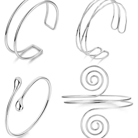 4pcs Upper Arm Cuff Bracelets for Women, Fashionable Bracelet, Casual Trendy Jewelry, Fashionable Jewelry Accessories, Silver Color Cuff Bangle, Adjustable Upper Arm Bands, Simple Open Armlet Set, Minimalist Bangle