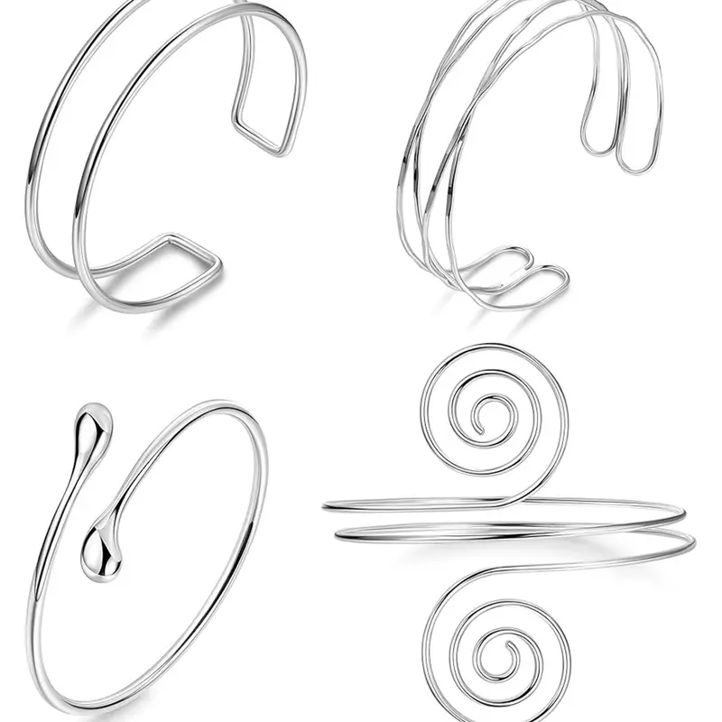 4pcs Upper Arm Cuff Bracelets for Women, Fashionable Bracelet, Casual Trendy Jewelry, Fashionable Jewelry Accessories, Silver Color Cuff Bangle, Adjustable Upper Arm Bands, Simple Open Armlet Set, Minimalist Bangle