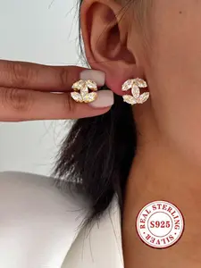 S925 Sterling Silver Post Floral Stud Earrings for Women, Sparkling Marquise Cut Cubic Zirconia Flower Earrings, Hypoallergenic Gold Plated Jewelry for Wedding Bridal Party Daily Wear