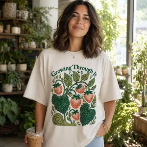 Women's Plus Size Oversized Casual Soft Tee - Boho Botanical Strawberry Art "Growing Through It" Graphic Top