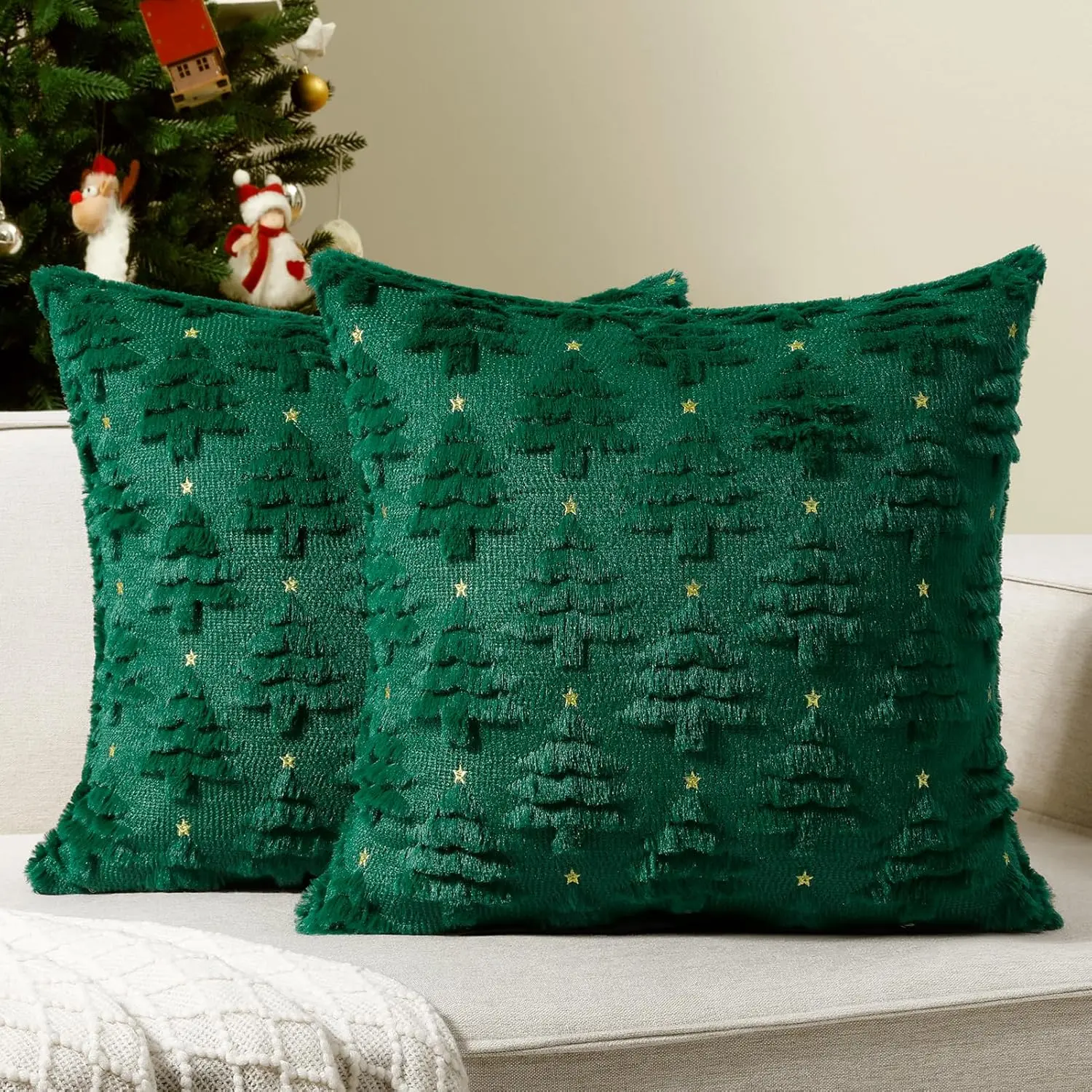 Christmas Throw Pillow Covers 18x18 Inch  Set of 2 , 3D Embroidery Nylon Faux Fur Cushion Cases, Green Christmas Tree & Star Design for Couch Bedroom Holiday Home Decor