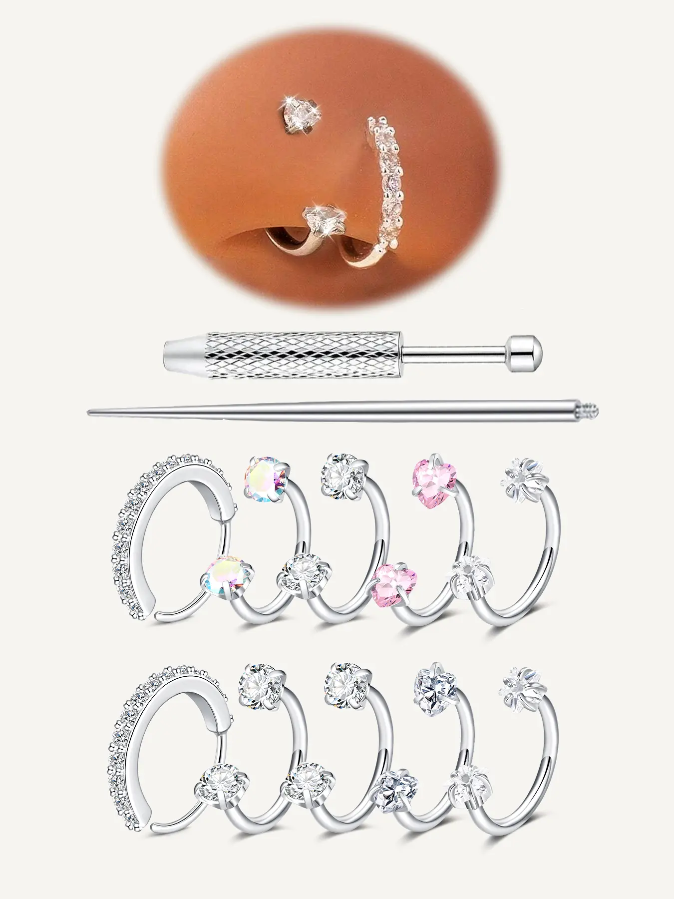Stainless Steel Cz Inlaid Spiral Nose Ring, Heart Design, Suitable for Nose, Cartilage, Tragus, Helix & Lip Piercings, Unisex Jewelry, Body Jewelry Accessory, Helix Pierced Ring