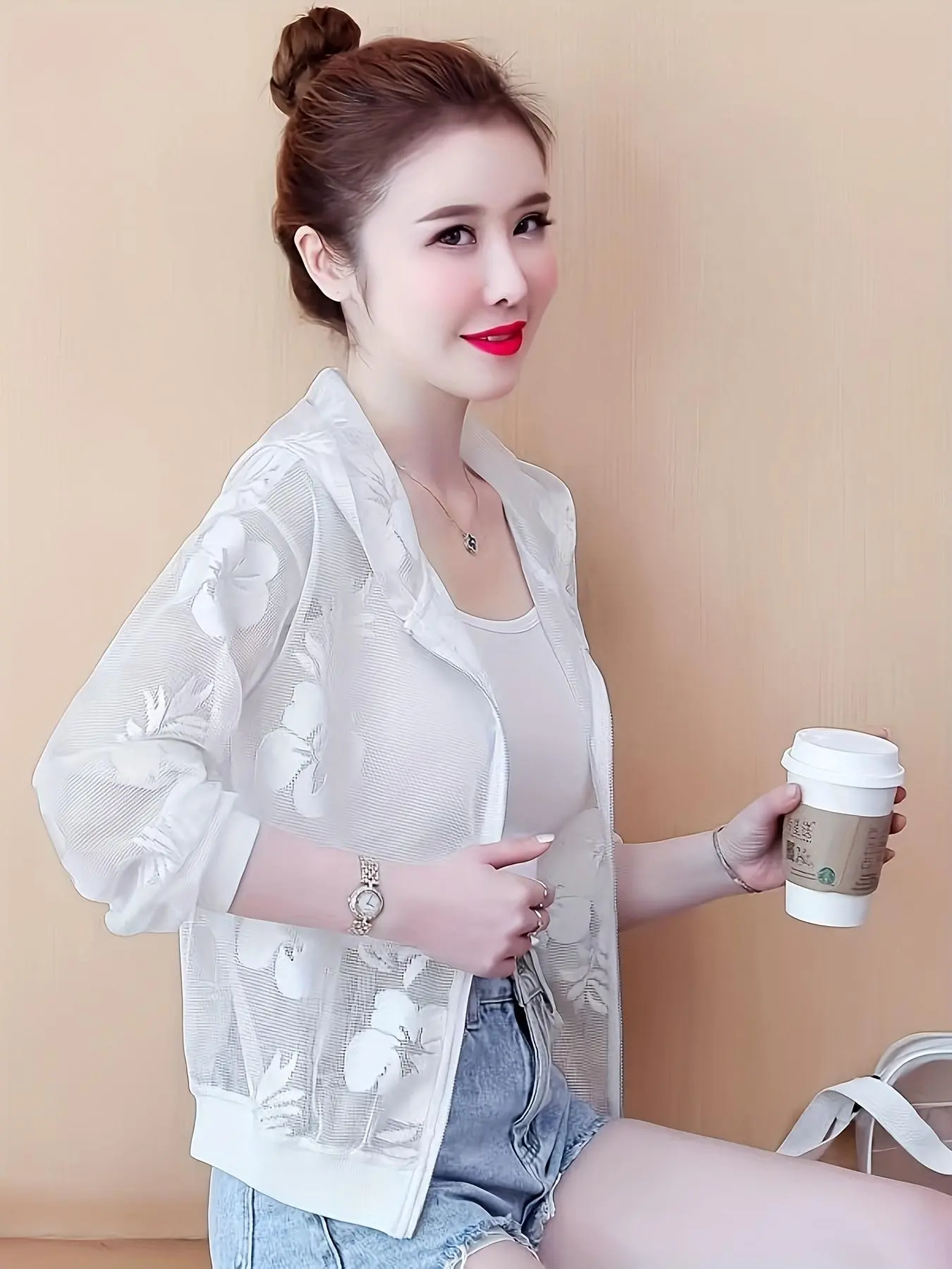 Summer long sleeved short casual jacket women's sun protection clothing thin mesh lace versatile plus size cardigan outer outfit Outerwear Womenswear