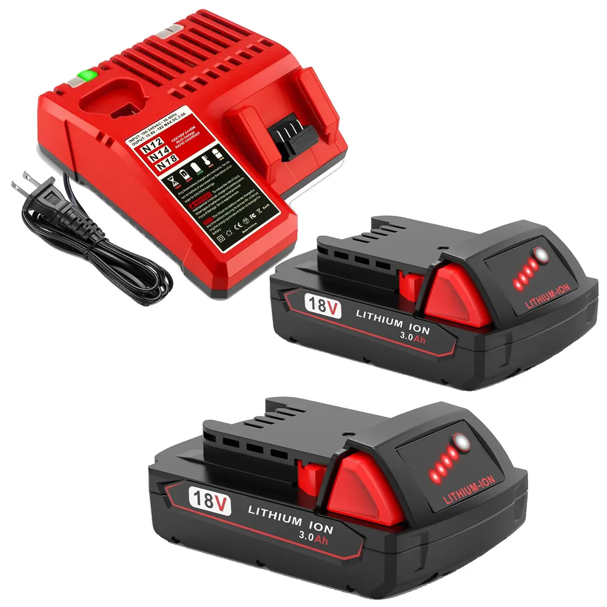 2 Packs 3.0Ah Replacement for Milwaukee 18V Battery and Charger Compatible with Milwaukee 18 Volt Battery Lithium ion 48-11-1880 48-11-1865 48-11-1862 48-11-1852 48-11-1850