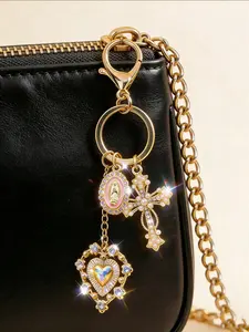 Christian cross keychain, elegant gold cross key ring, decorated with hearts and imitation pearls, colorful Virgin Mary pendant ornament, sparkling diamond cross pendant - cross keychain, bag charm, Keychain Jewelry, Keychain For Bags