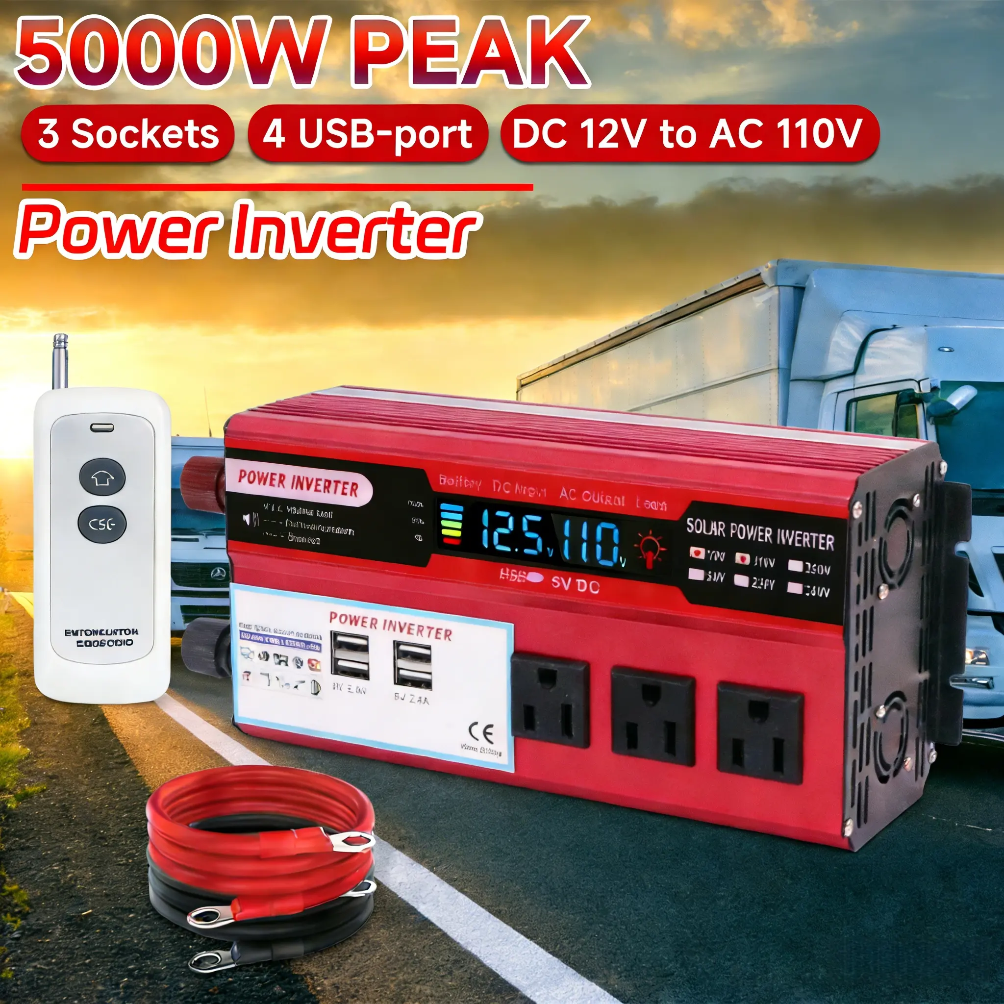 5000W Peak Pure Sine Wave DC12V To AC110V Car Power Inverter, LCD Digital Display, 3 US Outlets 4 USB Fast Charging, Portable Power Supply For Vehicle RV Truck Outdoor Camping Emergency