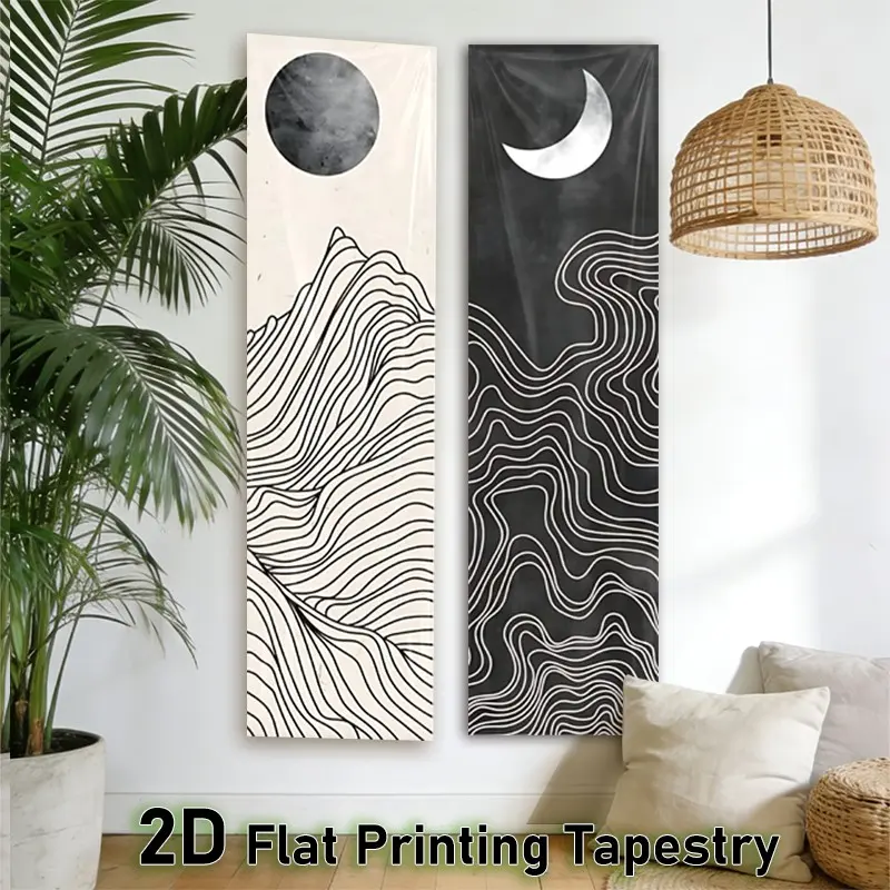 2D Flat - 2pcs Abstract Mountainscape Vertical Tapestry | Elegant Black and White Wall Tapestry for Bedroom | Minimalist Line Design Long Narrow Wall Hanging for Living Room & Dorm Decor | Spring Home Decoration