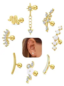 8 PCS Cartilage Earrings Set, CZ Flower Snake Leaf Designs for Helix Daith Tragus Piercings, Helix Piercing Jewelry, Stainless Steel Screw Back Studs for Women, Body Piercing Jewelry